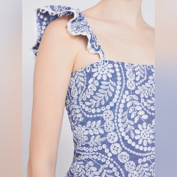 Alice & Olivia Chambray Honor Flutter Sleeve Boho Embroidered Mini Dress Size 0 - Picture 5 of 13